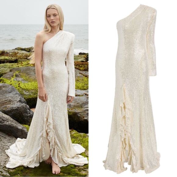 Cinq A Sept Angeline Sequin One Shoulder Ruffle Alabaster White Maxi Gown Sz 8 - Picture 3 of 11